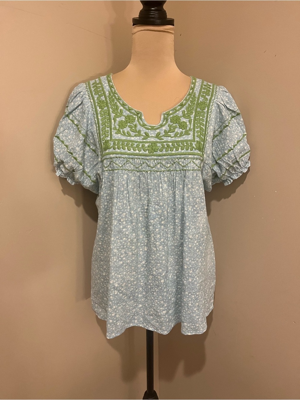 Sister Mary by Ivy Jane Patsy Top Blue Floral Puff-Sleeve Green Embroidery, XS
